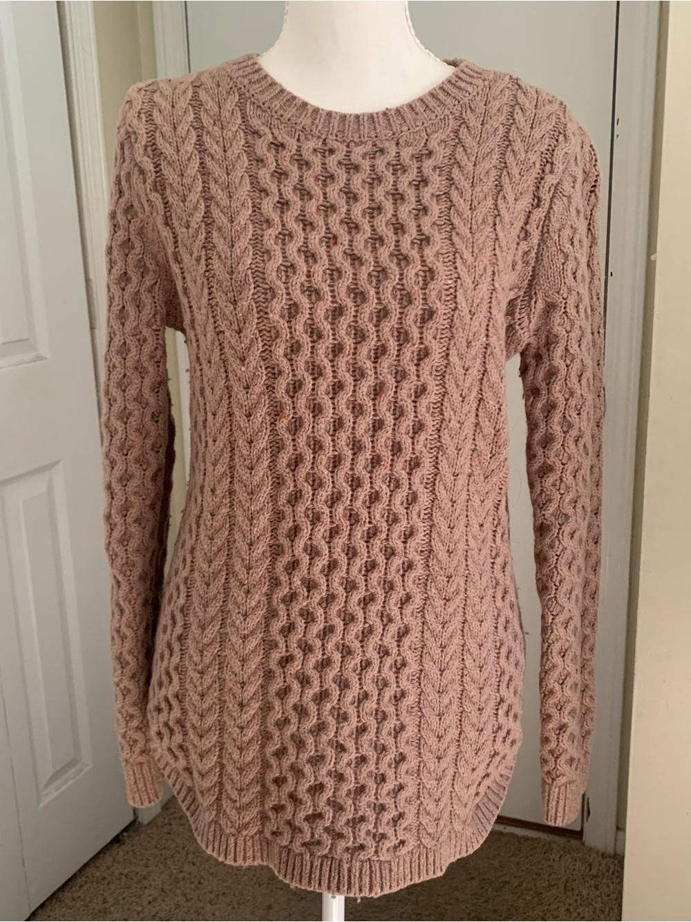 Lands End Women’s S Sweater Cable Knit Cotton Wool Crew Neck Neutral Beige FLAW